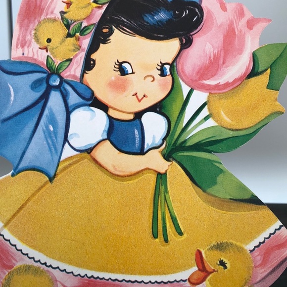 Vintage Easter Card Little Girl with Chicks Fuzzy Felt Details 1940’s - Picture 2 of 7